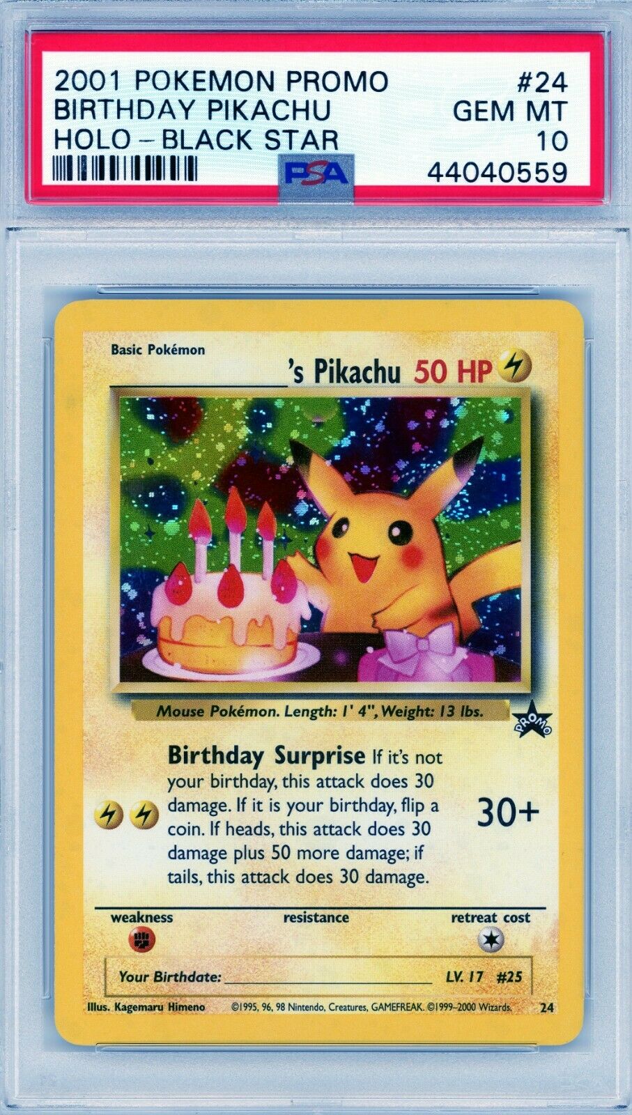 Unique 2001 BIRTHDAY PIKACHU HOLO  BLACK STAR PSA 10 POKEMON PROMO 24 Rare