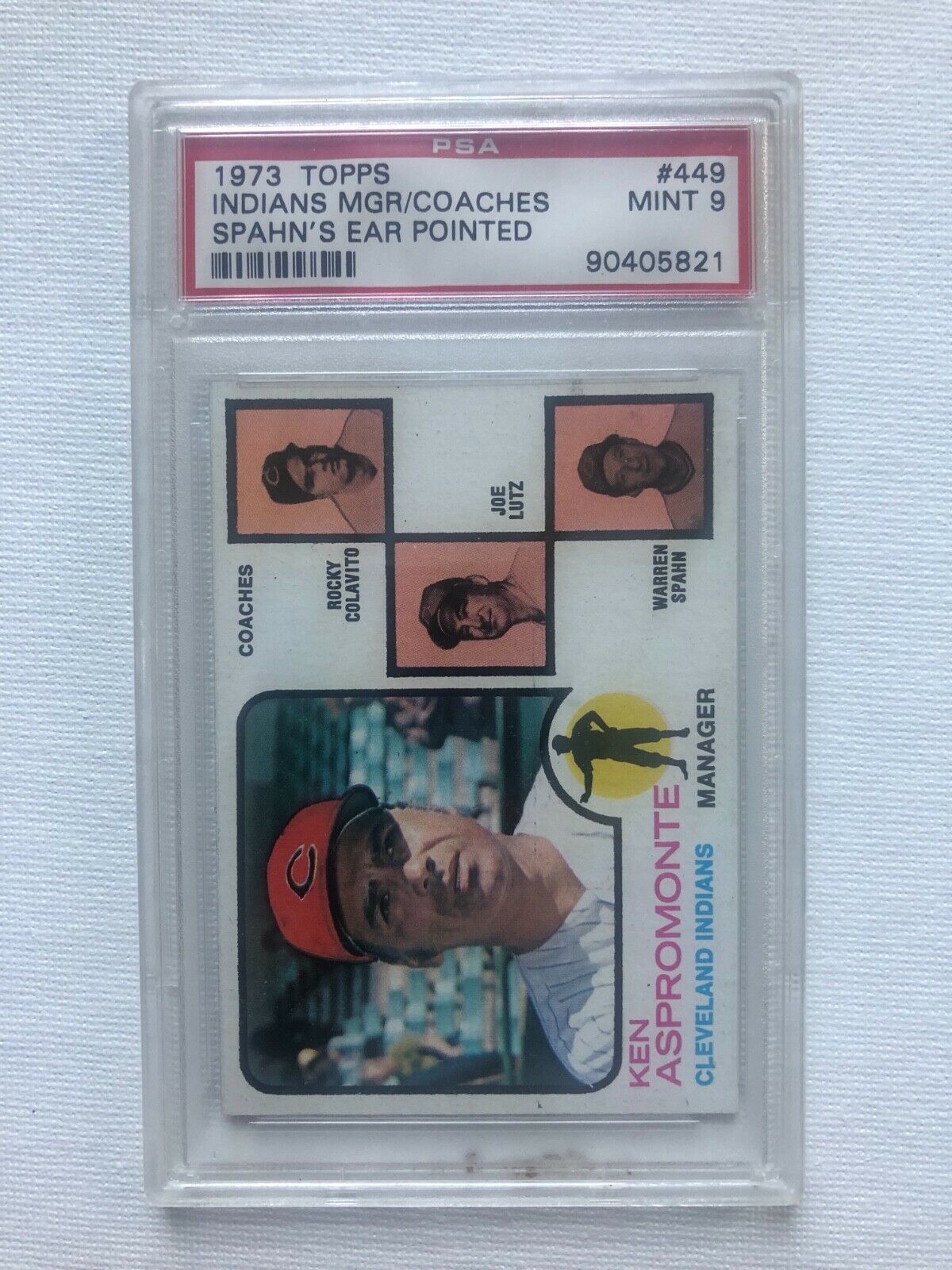 1973 TOPPS BASEBALL INDIANS MGR 449 PSA 9 MINT SPAHN EAR POINTED LOW POP 110