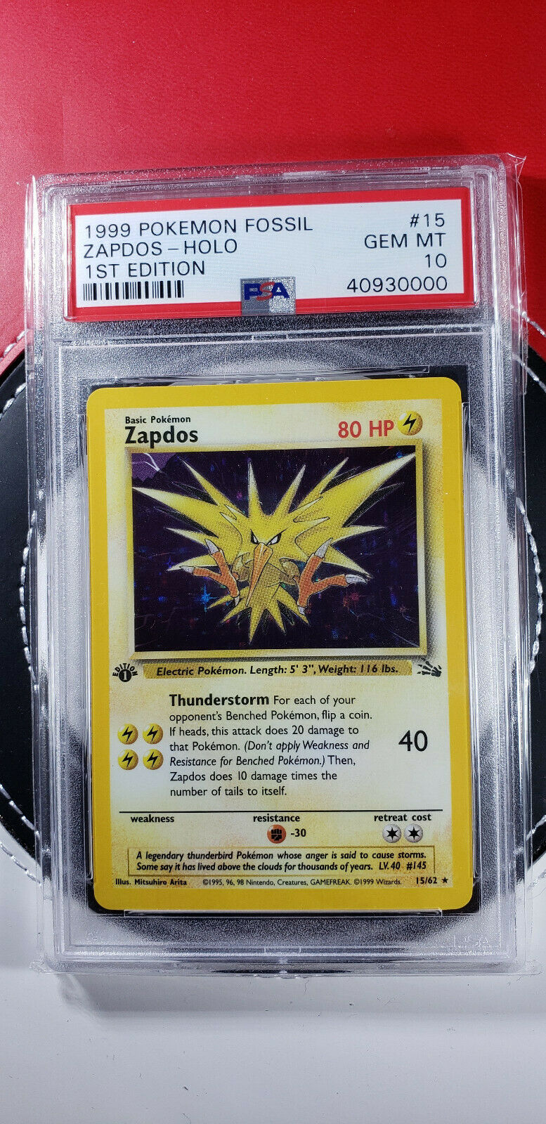 PSA 10 1st Edition Zapdos Fossil 1562 1999 ERROR Holo Pokemon Card GEM MINT 