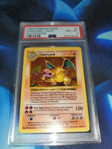 1999 Pokemon Game Base Shadowless Holo Charizard 4 PSA 8 NMMT Regrade 9