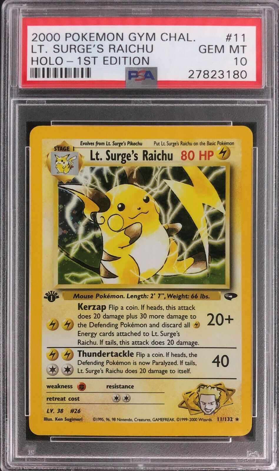 1st Edition Gym Challenge Lt Surges Raichu Holo Pokemon Card Mint PSA 10