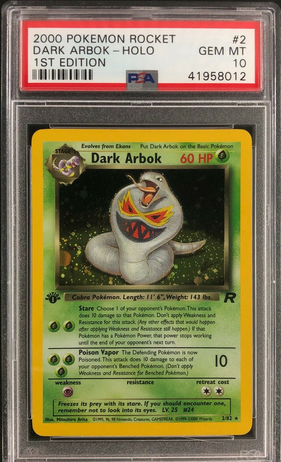 1st Edition Team Rocket Dark Arbok Holo Pokemon Card Mint PSA 10