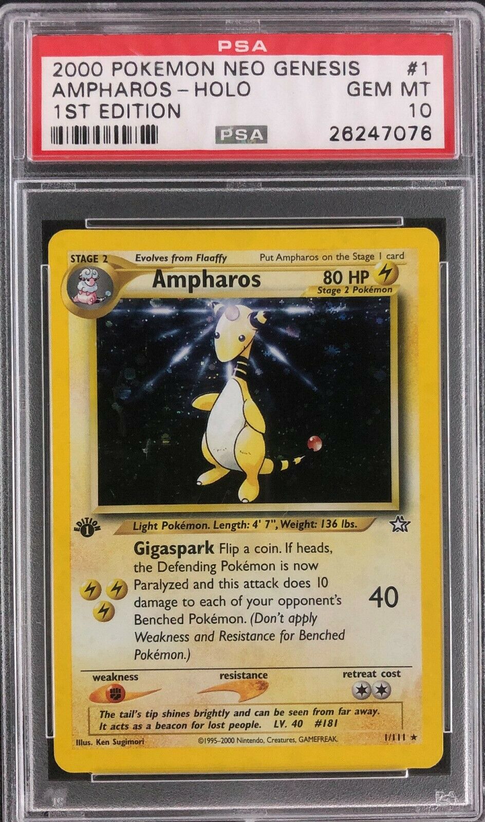 1st Edition Neo Genesis Ampharos Holo Pokemon Card Mint PSA 10