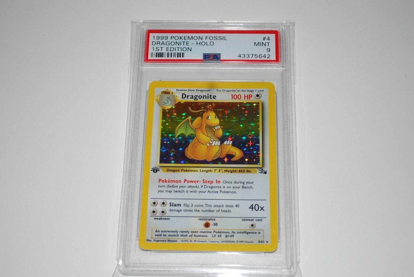 PSA 9 Mint 1st Edition Dragonite Holo 462 Fossil Pokemon Card 1999