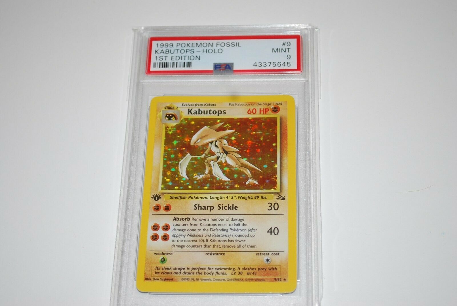 PSA 9 Mint 1st Edition Kabutops Holo 962 Fossil Pokemon Card 1999