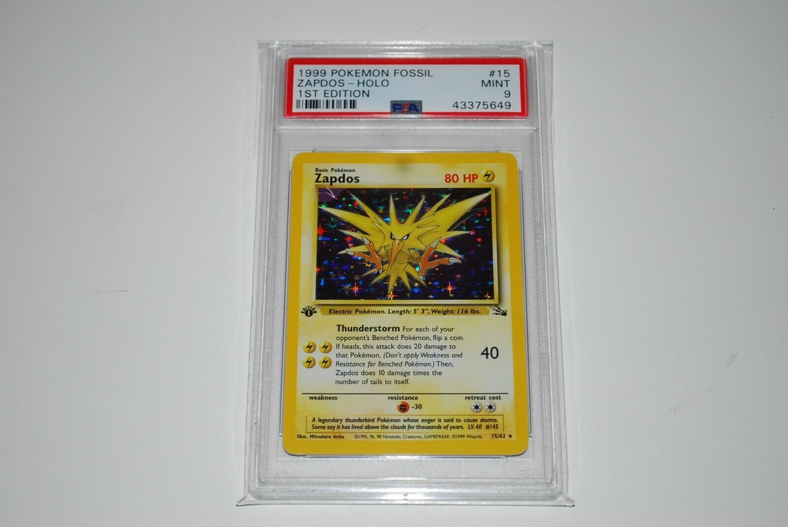 PSA 9 Mint 1st Edition Zapdos Holo 1562 Fossil Pokemon Card 19992000