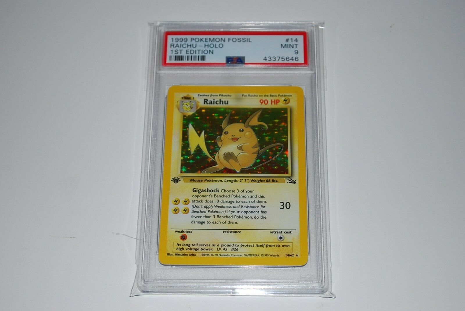 PSA 9 Mint 1st Edition Raichu Holo 1462 Fossil Pokemon Card 