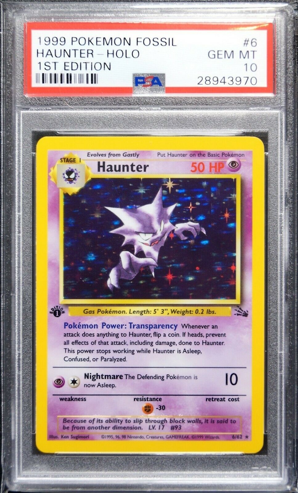 PSA 10 Gem Mint Haunter 1st edition Holo Fossil 1999 Pokemon Card 662