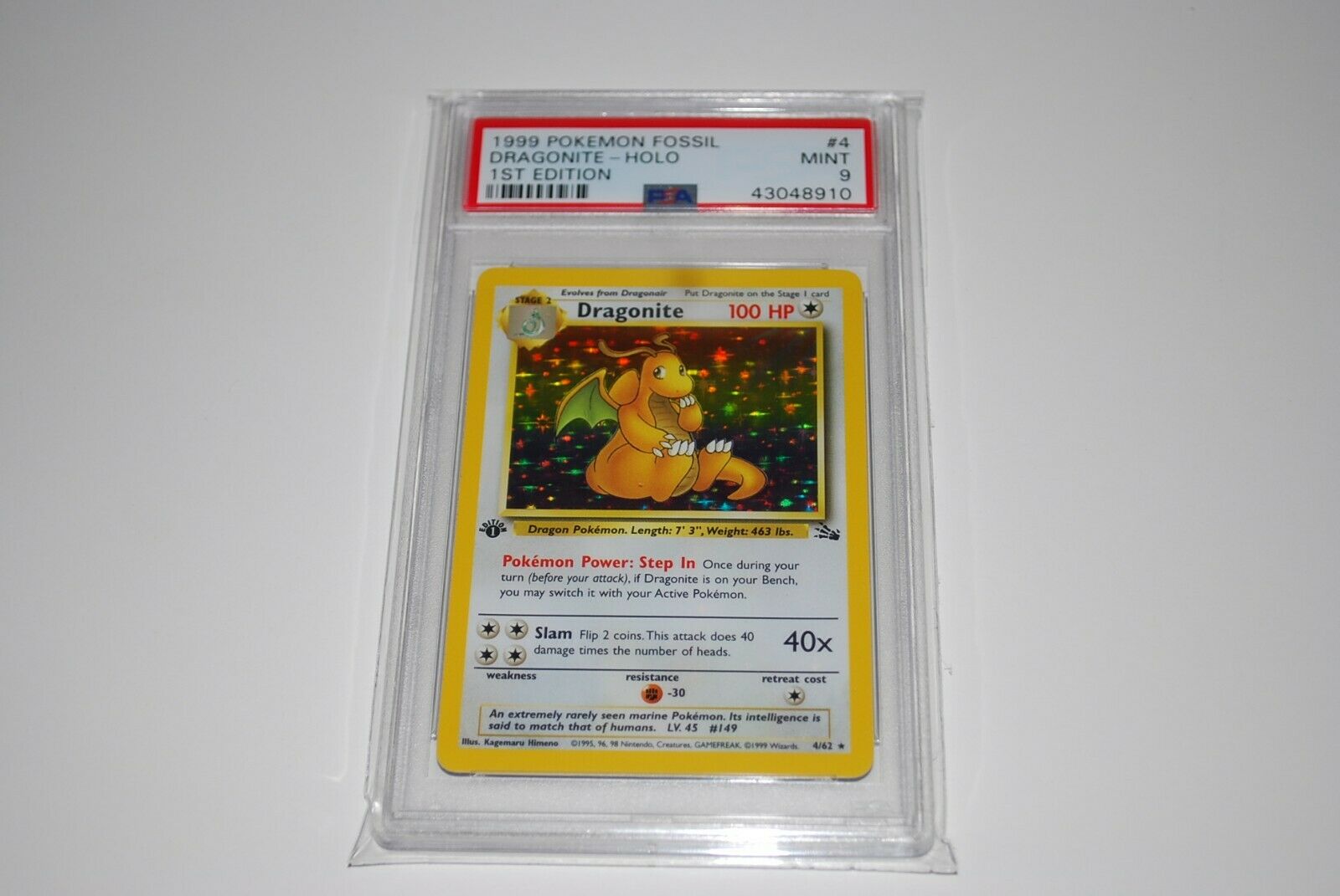 PSA 9 Mint 1st Edition Dragonite Holo 462 Fossil  Pokemon Card 1999