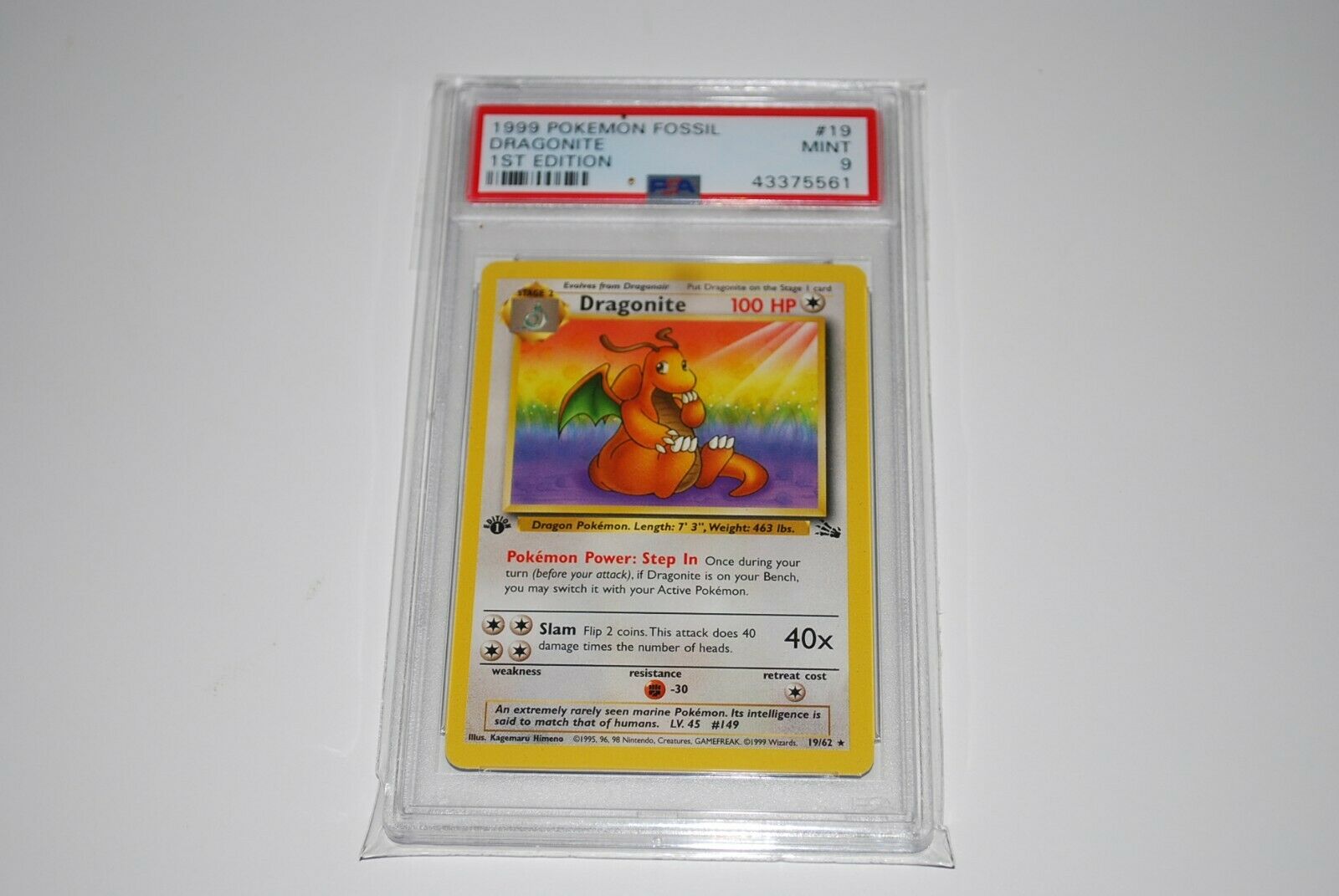 PSA 9 Mint 1st Edition Dragonite Non Holo 1962 Fossil  Pokemon Card 1999