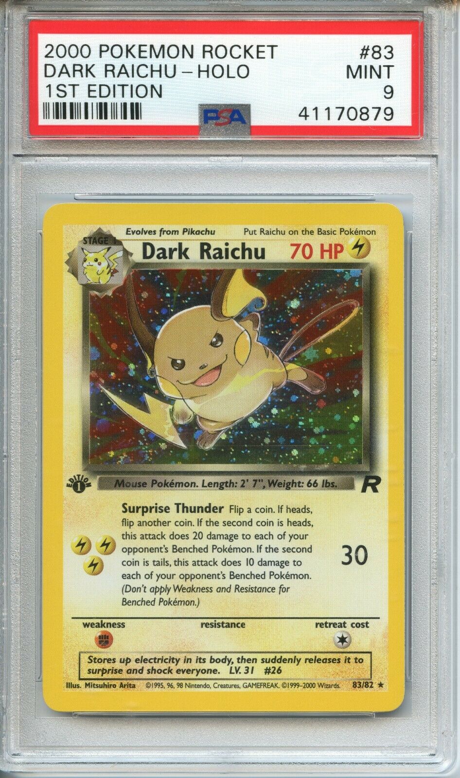 POKEMON PSA 9 MINT DARK RAICHU 1ST EDITION TEAM ROCKET SECRET RARE