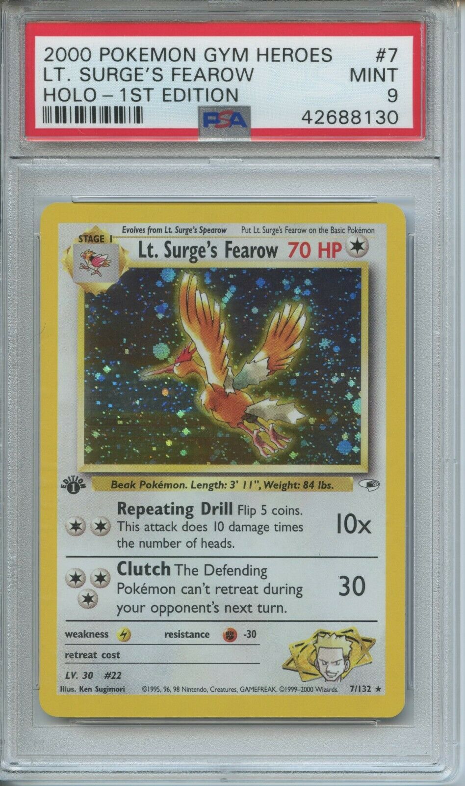 POKEMON PSA 9 MINT LT SURGES FEAROW 1ST EDITION GYM HEROES