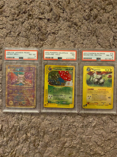 3 PSA GRADED POKEMON ANCIENT MEW AQUAPOLIS VILEPLUME SKYRIDGE MAGNETON HOLO