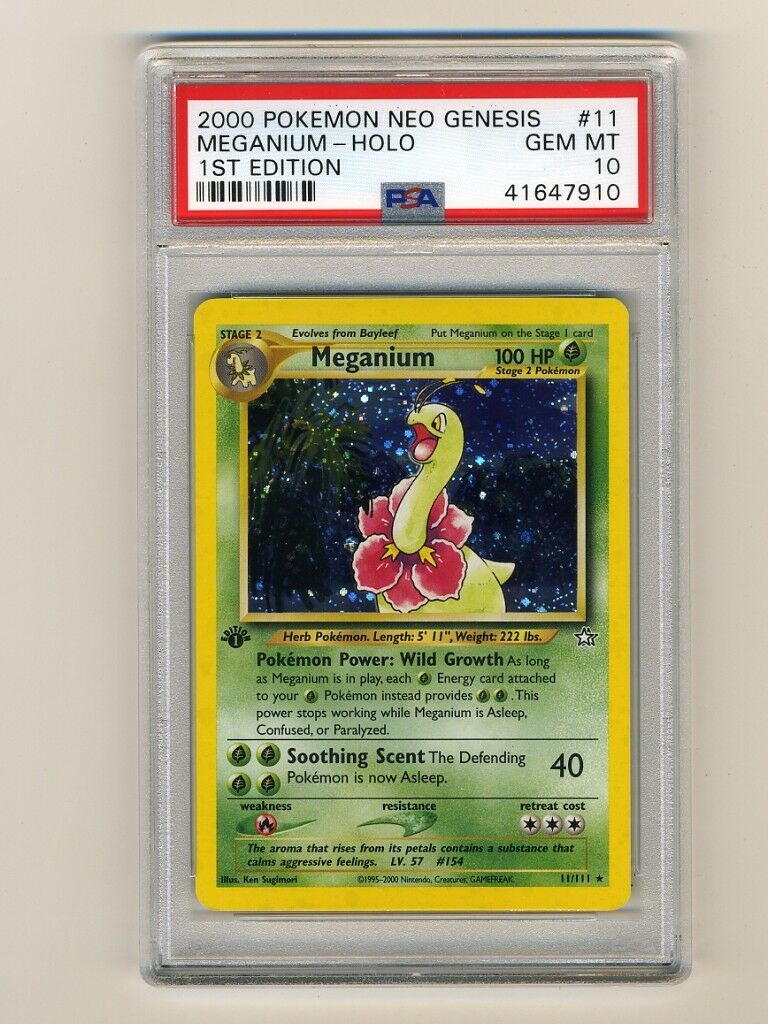 POKEMON PSA 10 GEM MINT MEGANIUM 1ST EDITION NEO GENESIS HOLO RARE CARD 11111