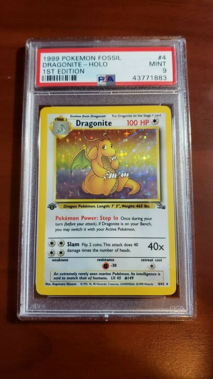 PSA 9 Mint Dragonite 1st edition Holo Fossil 1999 Pokemon Card 462