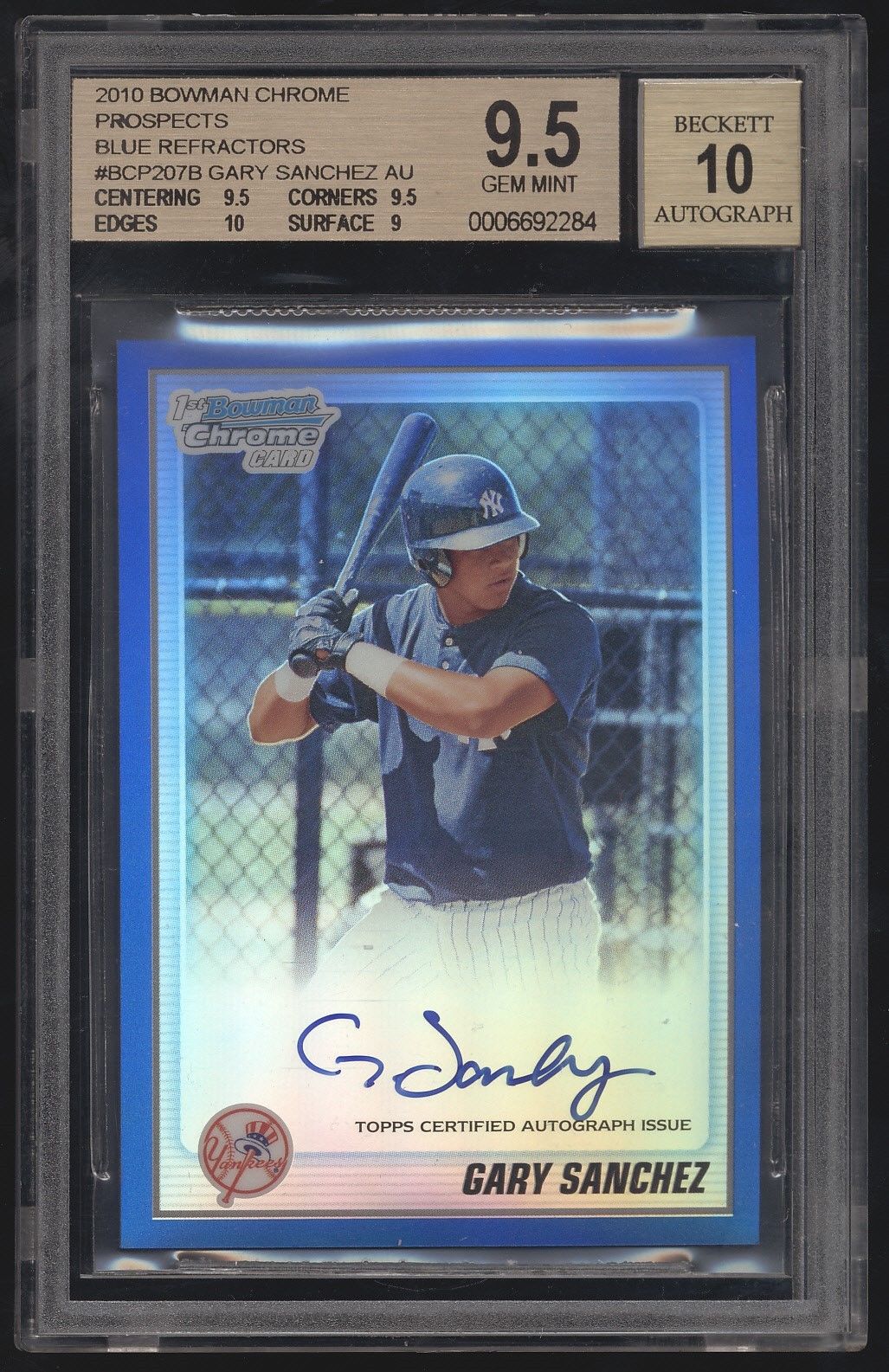 2010 Bowman Chrome Gary Sanchez Blue Refractor RC Auto 150 BGS 95 10