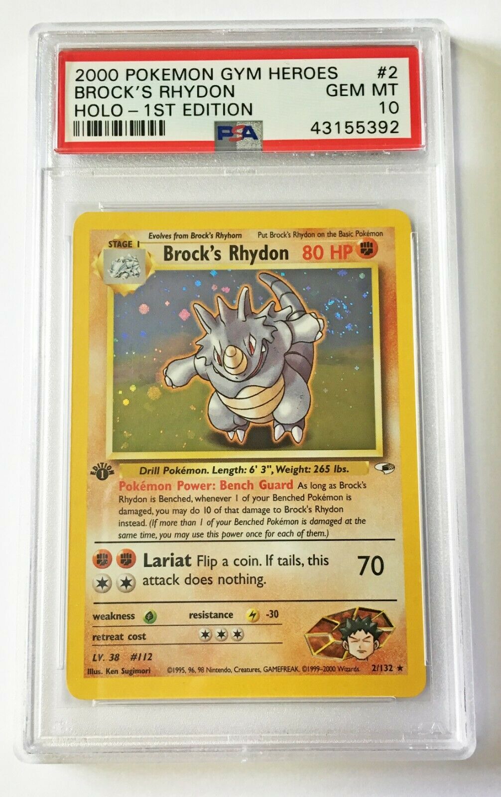 Pokemon Card  PSA 10 1st Edition Brocks Rhydon 2132  Gym Heroes  GEM MT