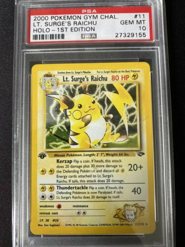 Pokemon Gym Challenge Lt Surges Raichu Holo 1st Edition PSA 10 GEM MINT