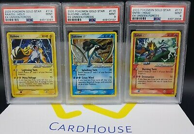 PSA 9 MINT Suicune Raikou Entei Gold Star Ex Unseen Forces Holo Pokemon 2005 XZX