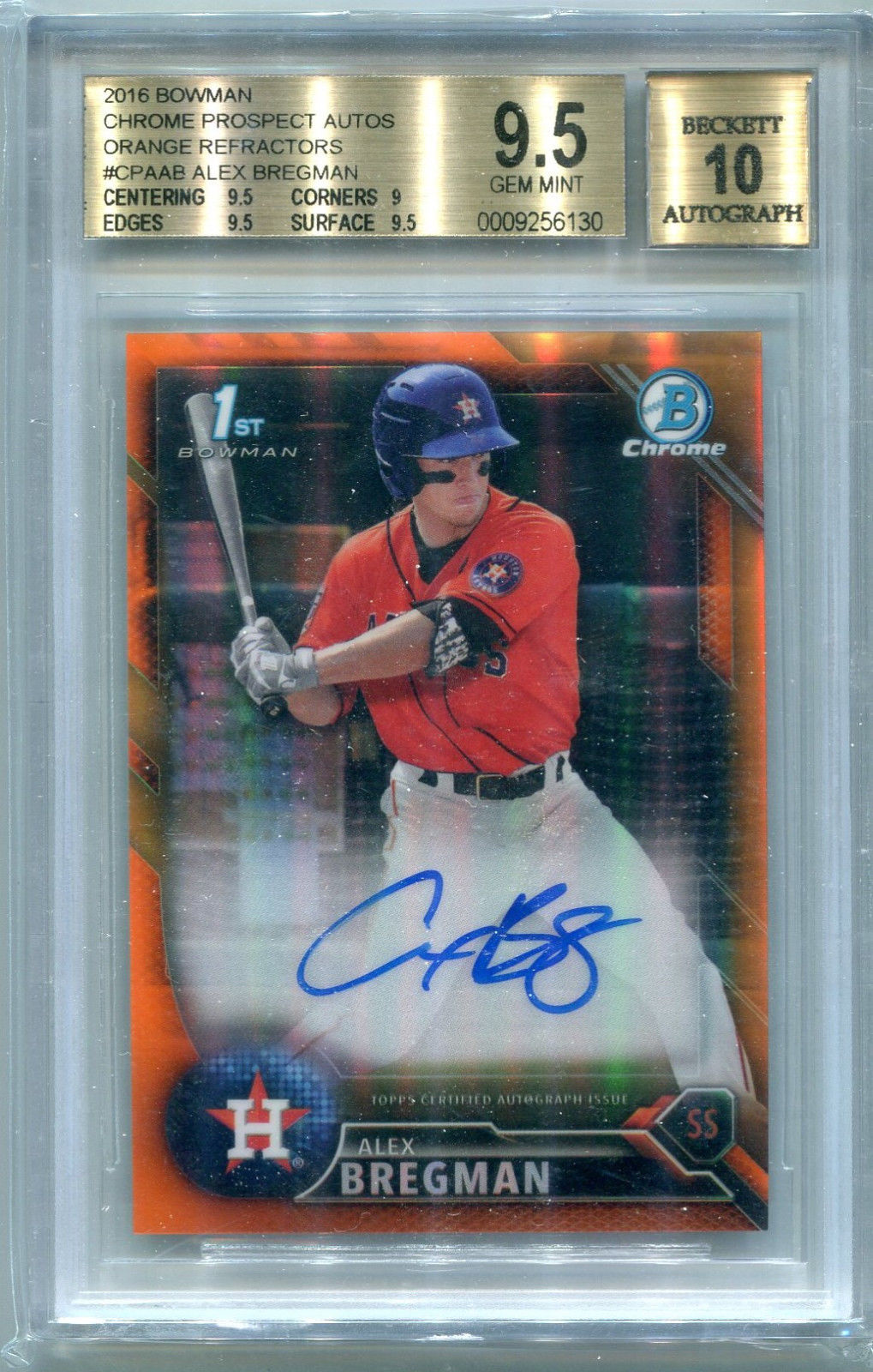 2016 Bowman Chrome Alex Bregman Orange Refractor Autograph BGS 95 W10 Auto 25