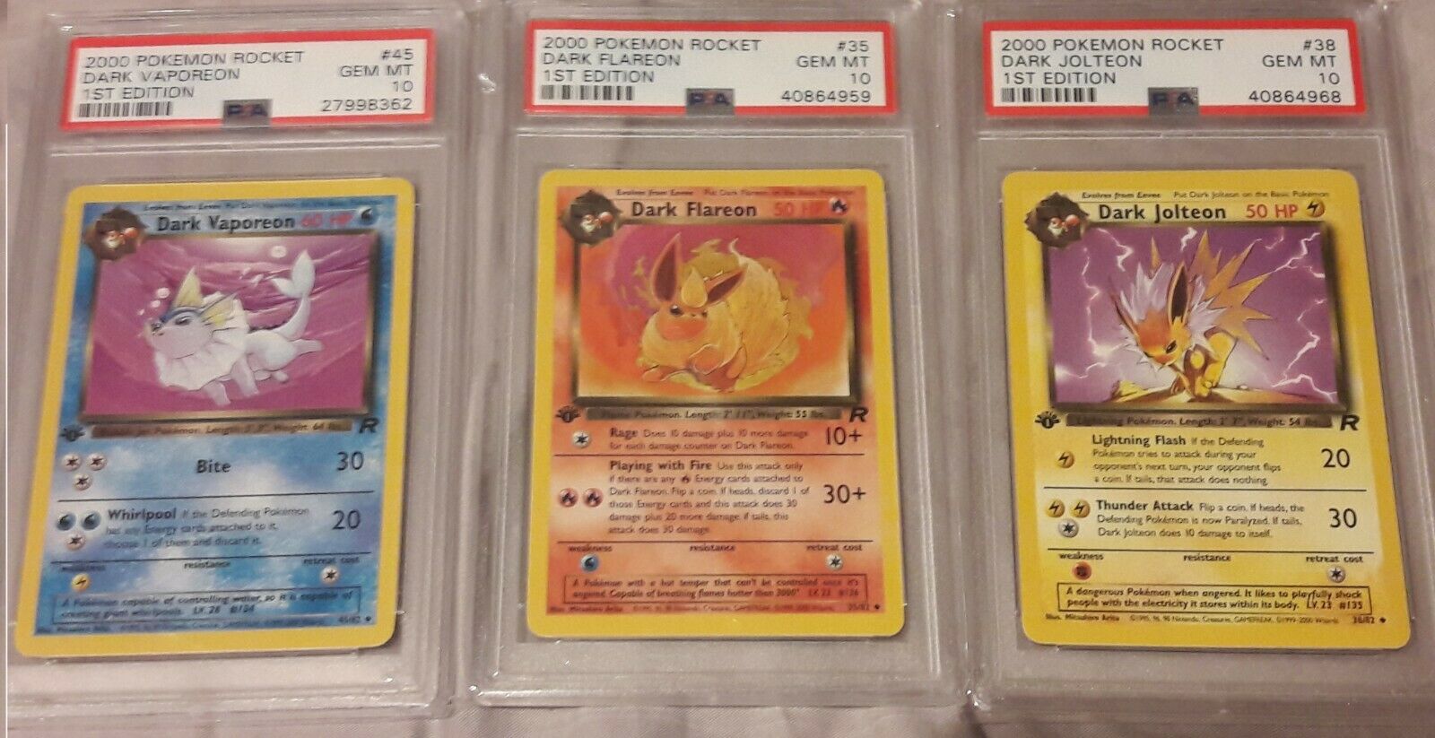 Pokemon PSA 10 1st Edition Dark Jolteon Flareon Vaporeon  Team Rocket GEM MINT