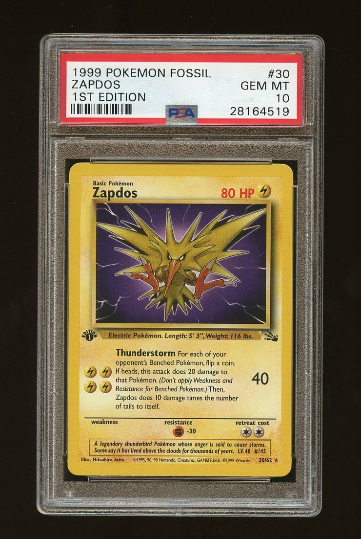 1999 Fossil 1st Edition Zapdos 3062 Pokemon Card PSA 10 Gem Mint