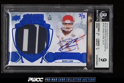 2014 Exquisite Blue Spectrum Derek Carr ROOKIE AUTO PATCH 3 BGS 9 MINT PWCC