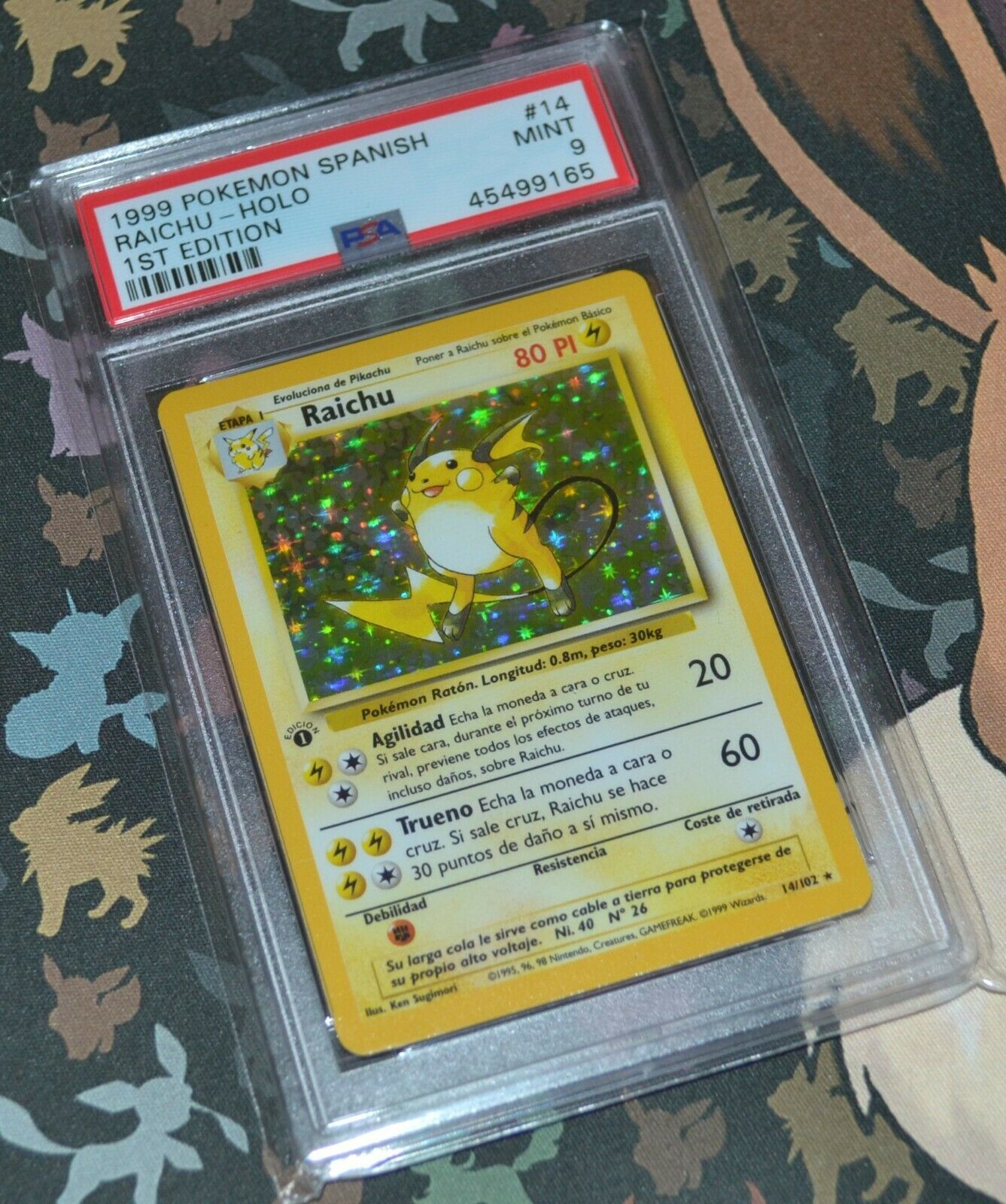 1999 Spanish Pokemon 1st Edition Base RAICHU Holo 14102   PSA 9