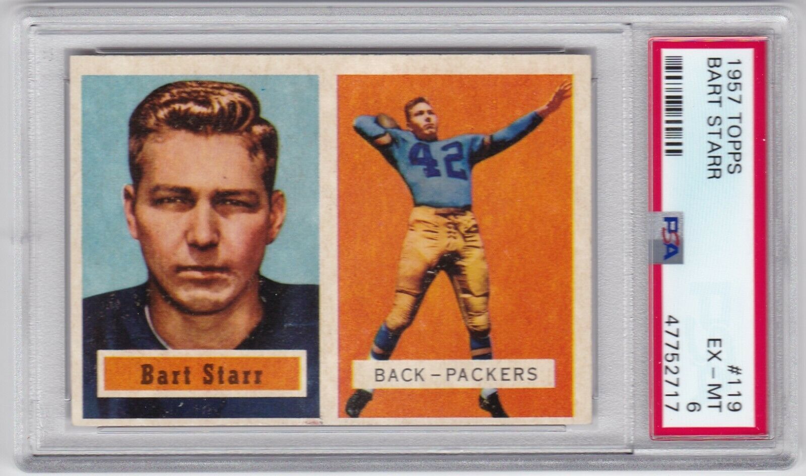 RG 1957 Topps Football Card 119 Bart Starr Rookie Green Bay Packers  PSA 6 