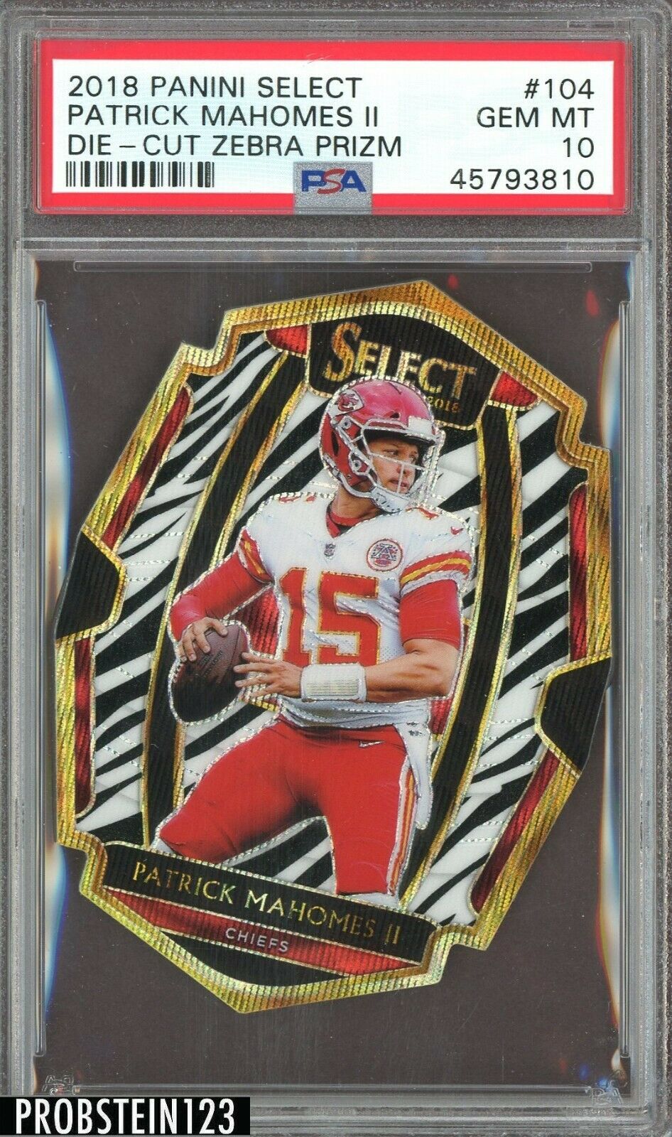 2018 Select Football Patrick Mahomes 104 Premier Level Zebra Prizm PSA 10