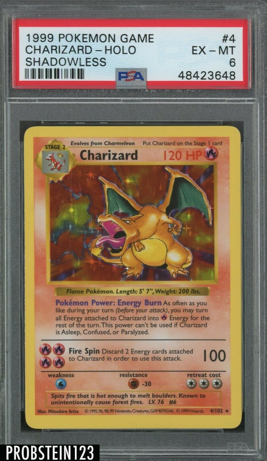 1999 Pokemon Game Shadowless 4 Charizard  Holo PSA 6 EXMT