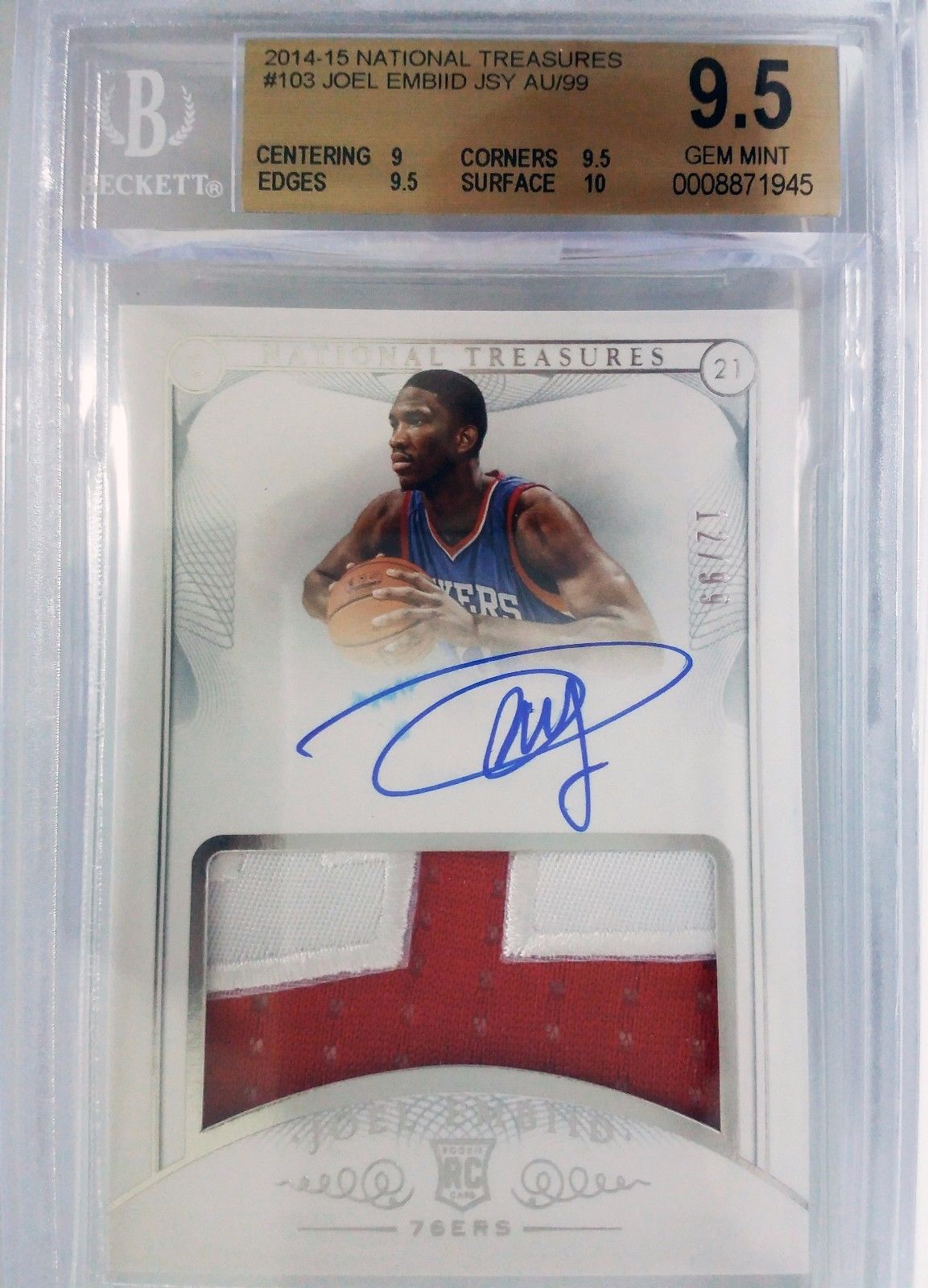 JOEL EMBIID 201415 NATIONAL TREASURES RC BLUE AUTO 76ERS PATCH 1299 BGS9510