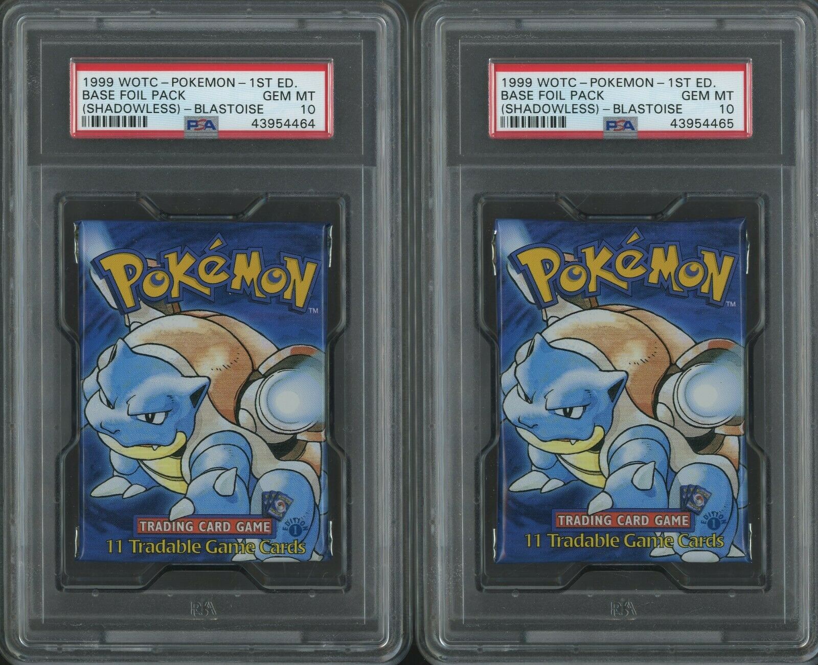 Lot 2 1999 WOTC Pokemon 1st Edition Unopened Base Foil Pack Blastoise PSA 10