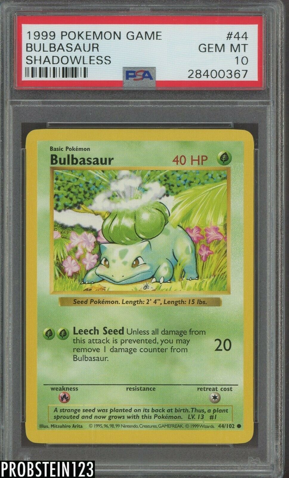 1999 Pokemon Game Shadowless 44 Bulbasaur PSA 10 GEM MINT