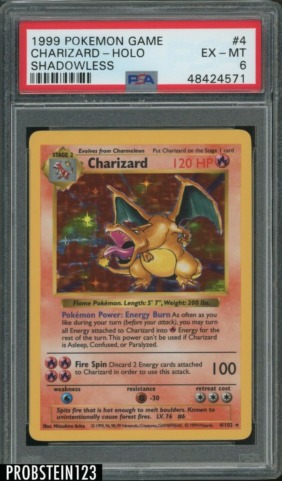 1999 Pokemon Game Shadowless 4 Charizard  Holo PSA 6 EXMT 