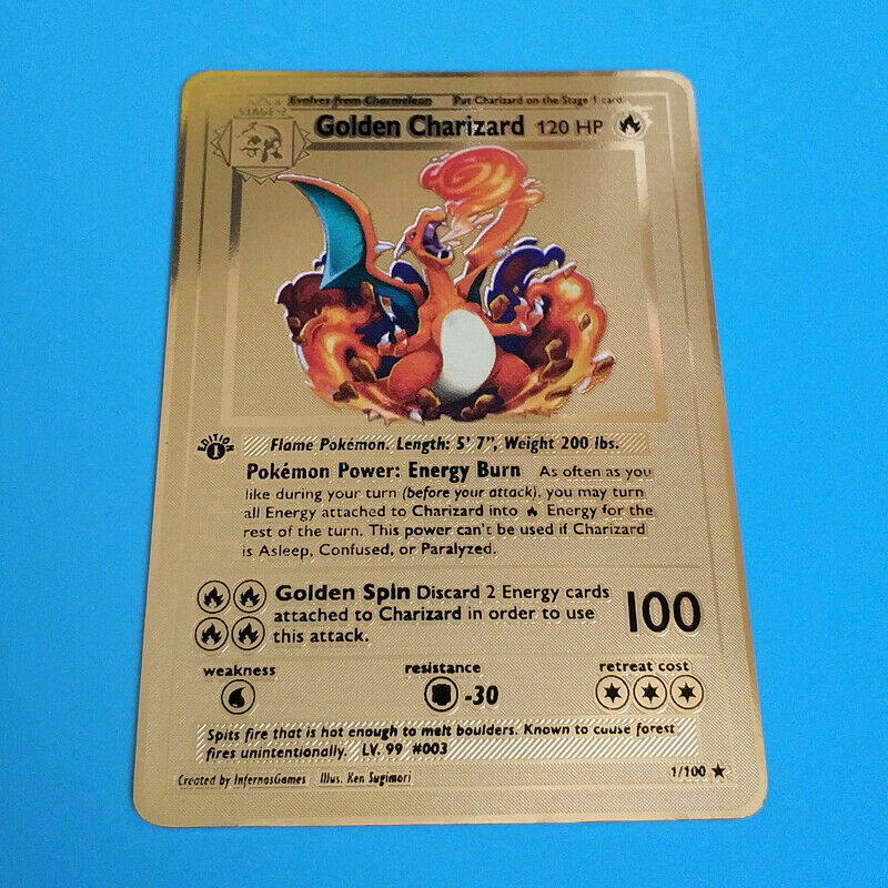 Pokemon Golden Charizard 1st Edition Gold Metal Custom Card  Rare and limited