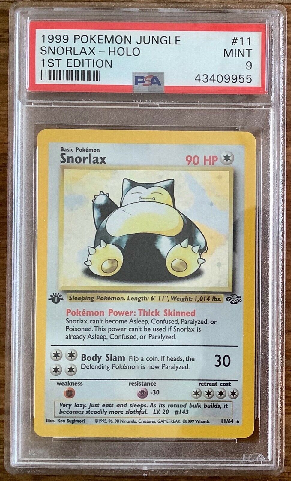 1999 Pokemon Jungle 1st Edition  no11 Snorlax Holo  PSA9 Mint