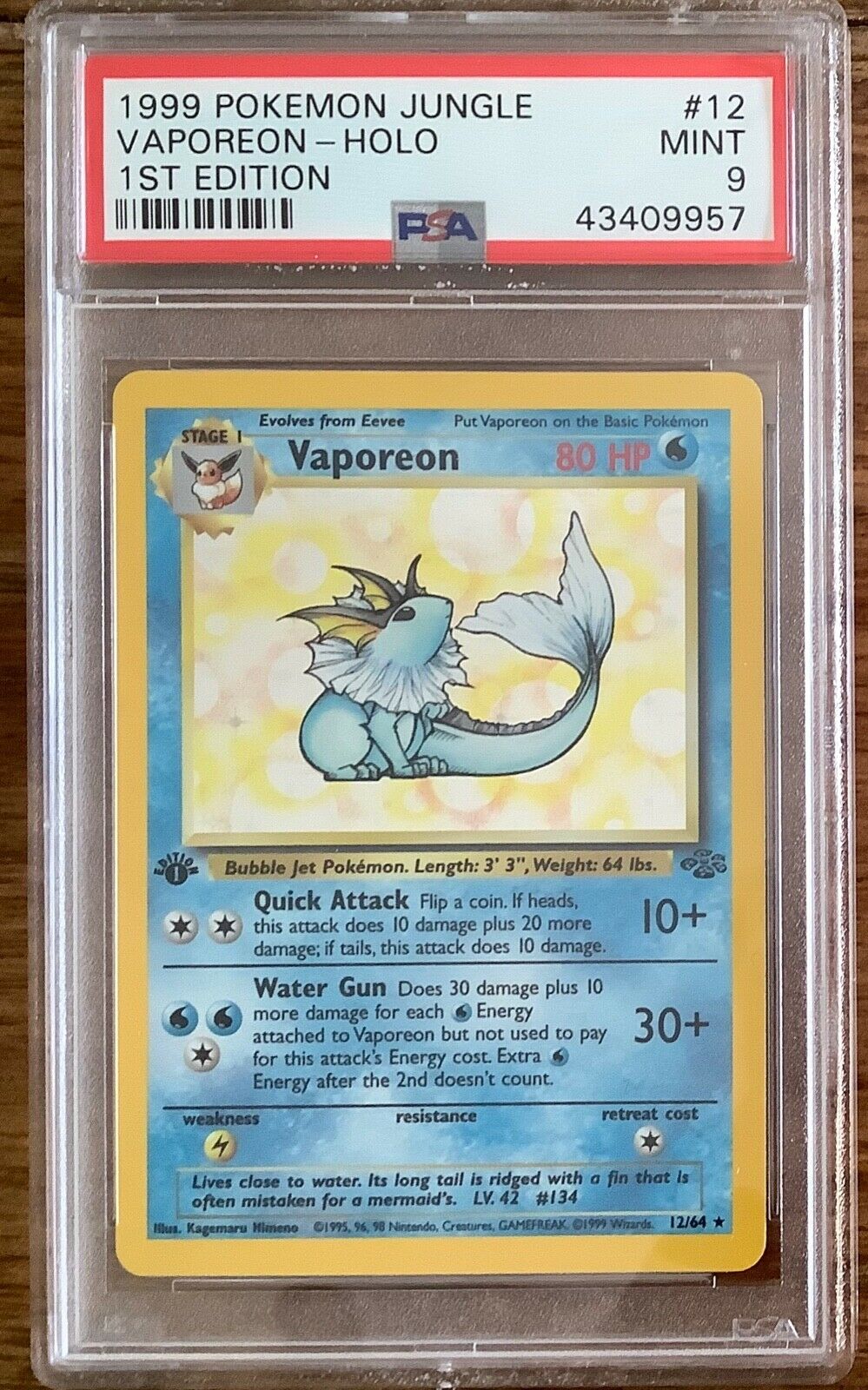 1999 Pokemon Jungle 1st Edition  no12 Vaporeon Holo PSA9 Mint