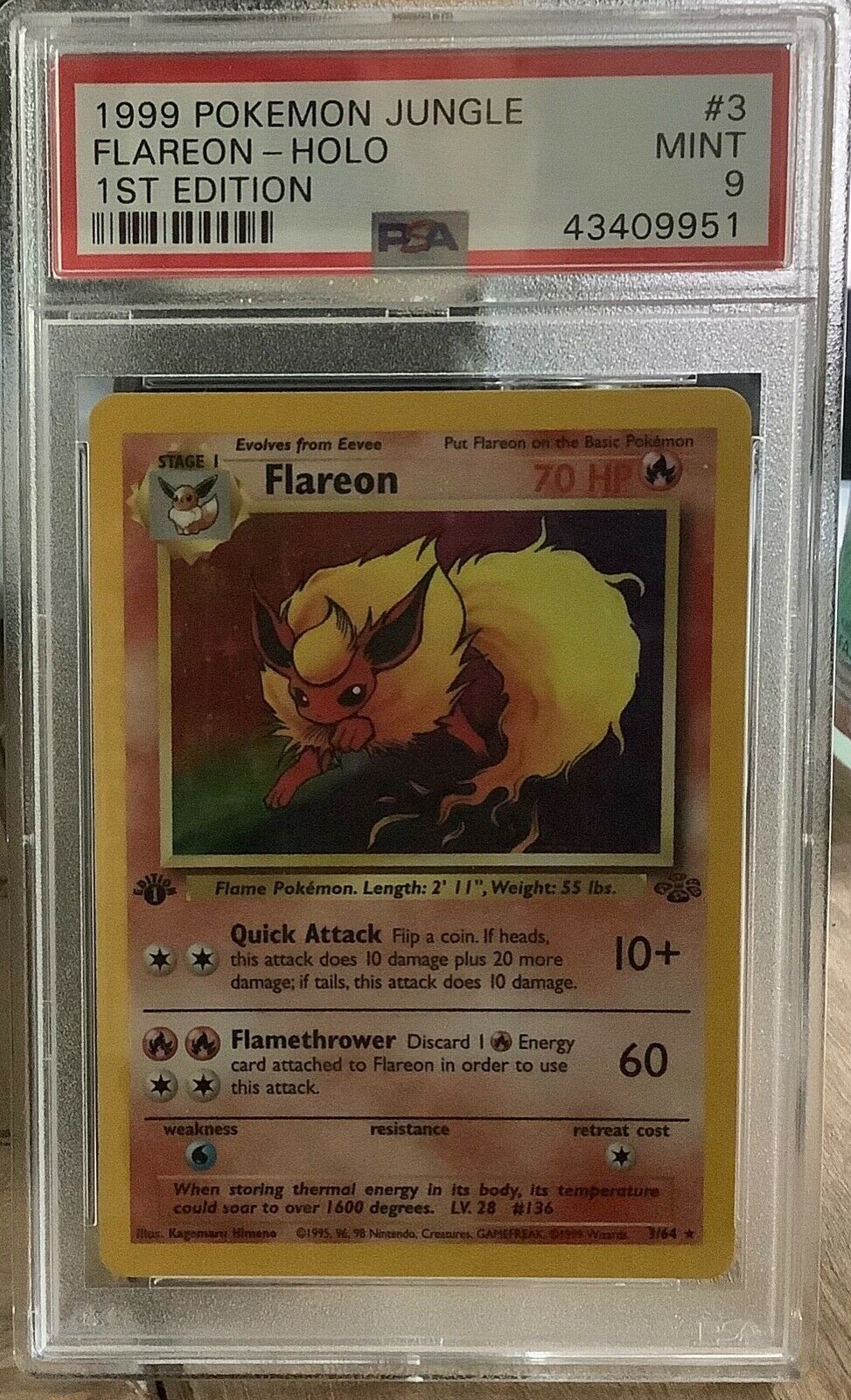 1999 Pokemon Jungle 1st Edition  no3 Flareon Holo  PSA9 Mint