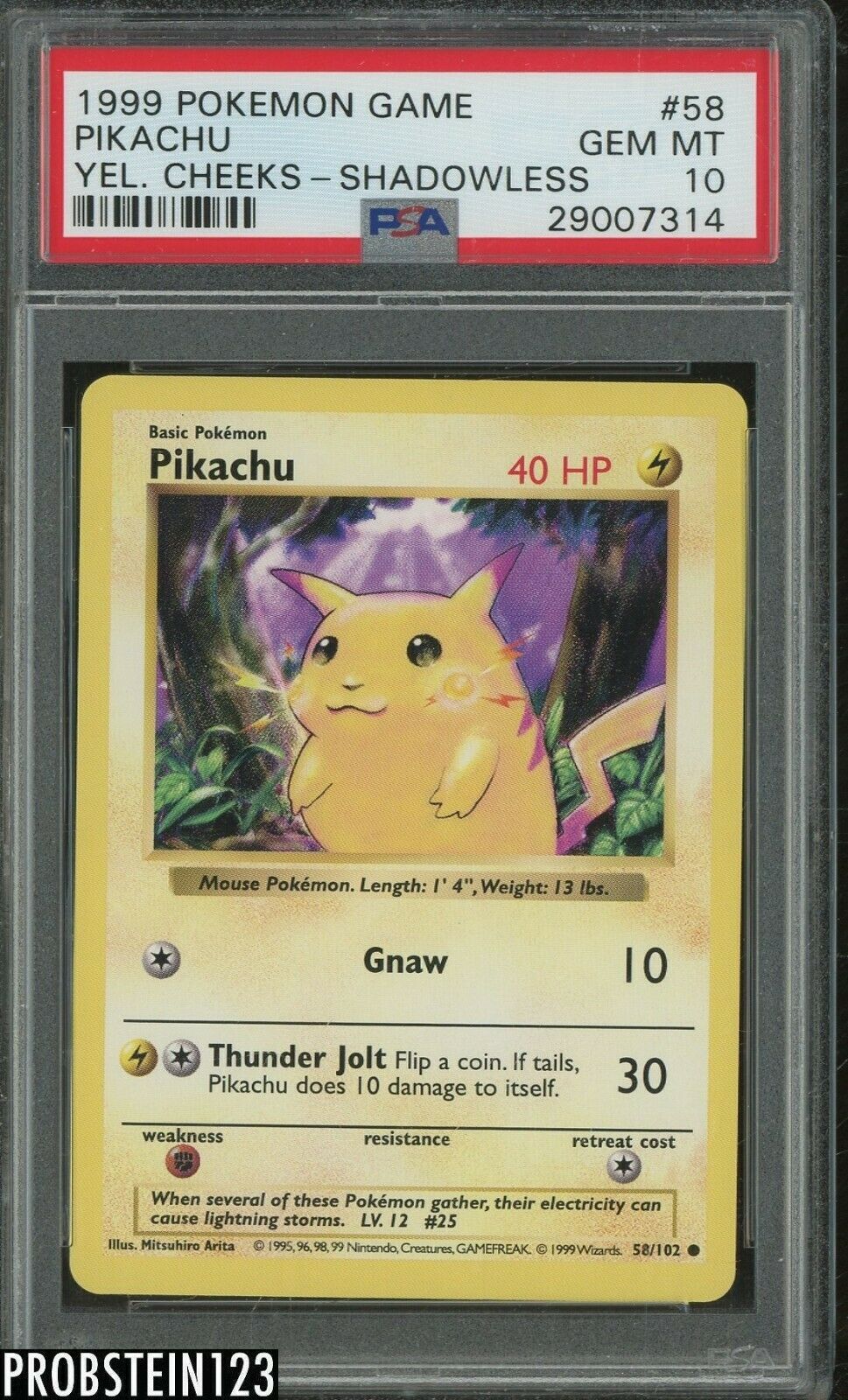 1999 Pokemon Game YelCheeksShadowless 58 Pikachu PSA 10 GEM MINT