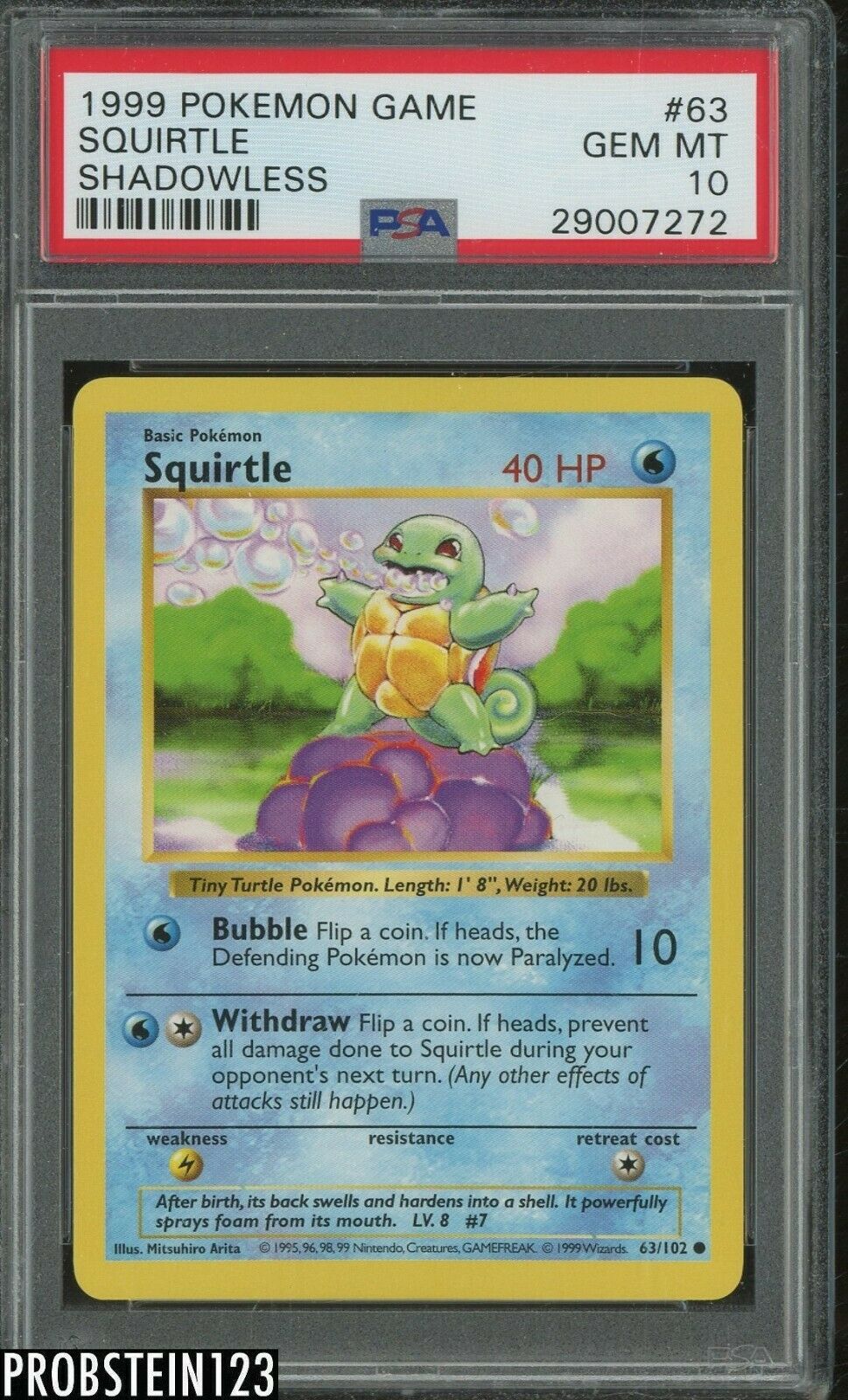 1999 Pokemon Game Shadowless 63 Squirtle PSA 10 GEM MINT