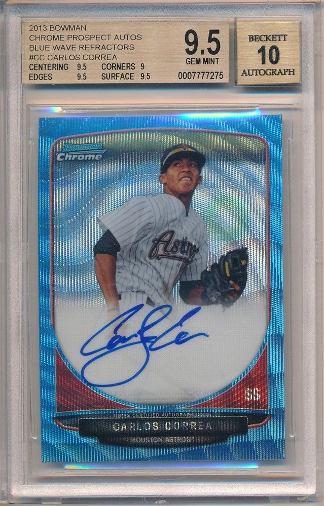 CARLOS CORREA 2013 BOWMAN CHROME RC BLUE WAVE REFRACTOR AUTO 50 BGS 95 GEM 10