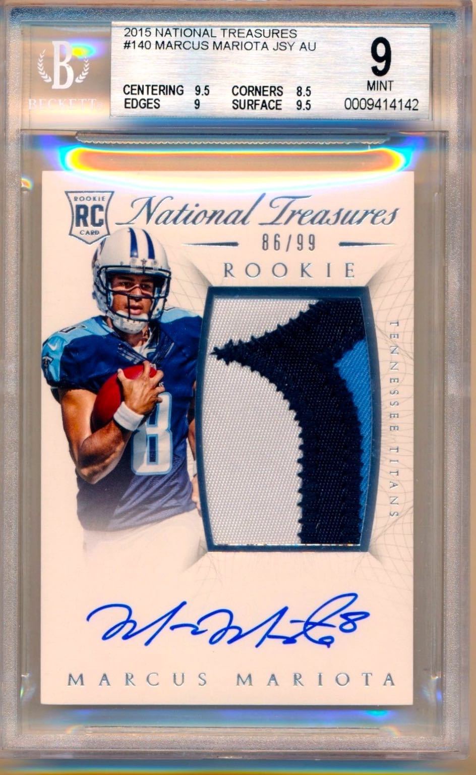 2015 National Treasures Number Patch Auto Marcus Mariota RC 99 BGS MINT RC 9 10