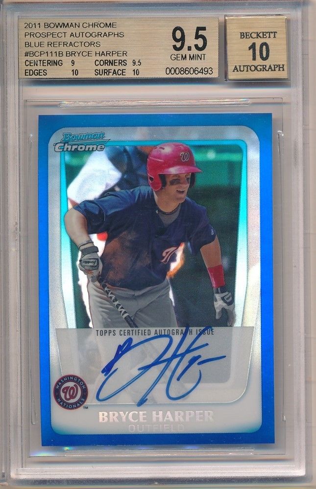 BRYCE HARPER 2011 BOWMAN CHROME RC BLUE REFRACTOR AUTO SP 150 BGS 95 GEM 10