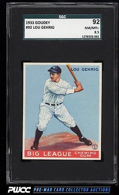 1933 Goudey Lou Gehrig 92 SGC 8592 NMMT PWCC