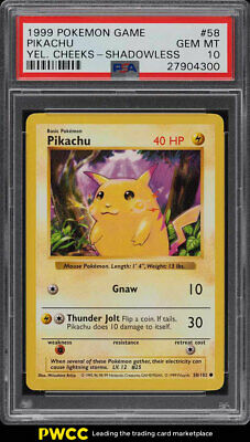 1999 Pokemon Game Shadowless Yellow Cheeks Pikachu 58 PSA 10 GEM MINT