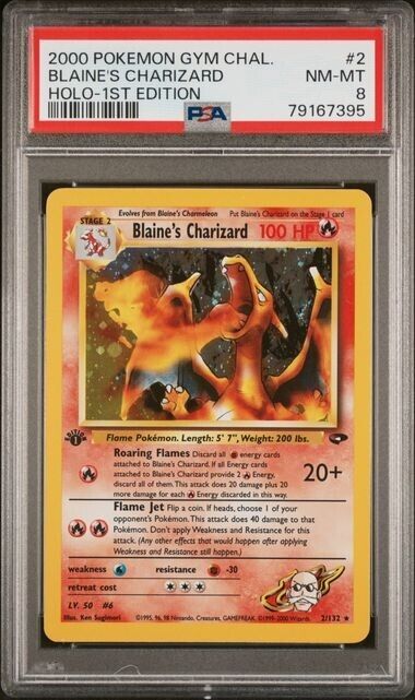 Pokemon Gym Challenge  Blaines Charizard  First Edition  Holo  2  PSA 8