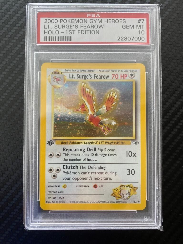 PSA 10 1st Edition Mint Lt Surges Fearow Holo 7132 Pokemon Card Gym Heroes