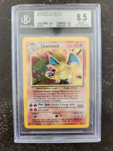pokemon card Charizard  1999 Base Unlimited Holo  Graded Beckett 85