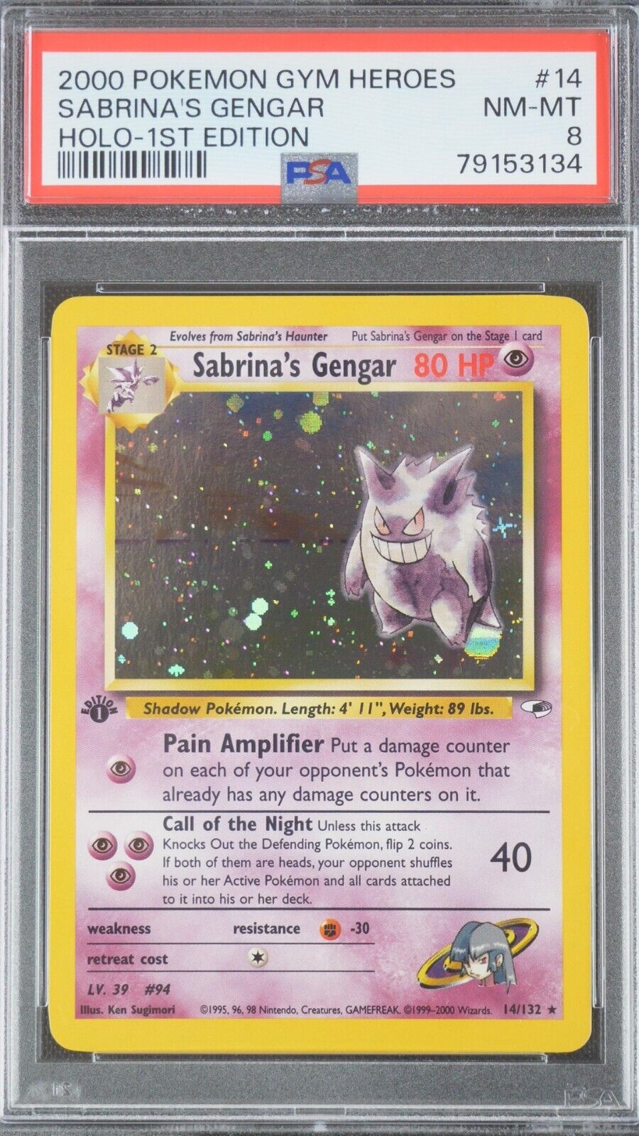 Pokemon TCG WOTC Gym Heroes 1st Edition Sabrinas Gengar 14132 PSA 8 Holo Rare